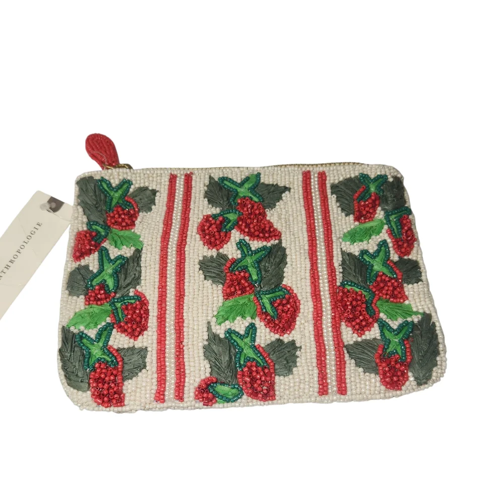 Anthropologie The Fiona Medium Beaded Strawberry Pouch Clutch